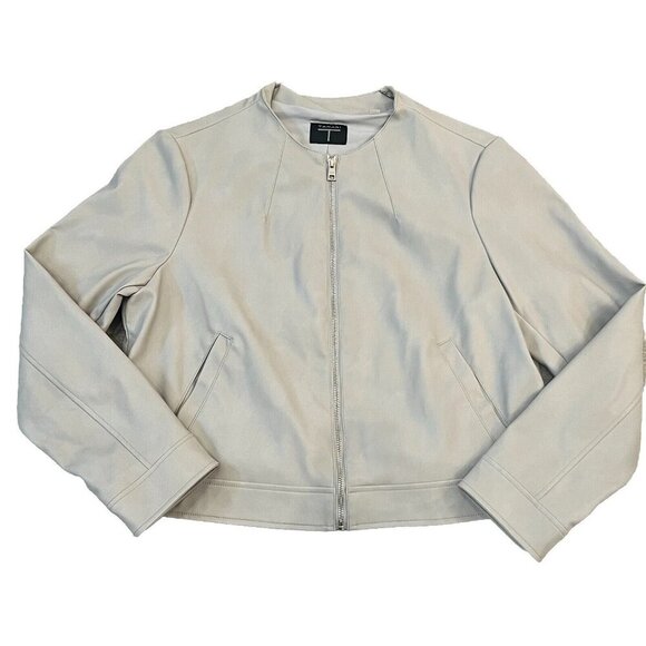 Tahari Womens Faux Leather Cropped Bomber Jacket Size 16 Gray Collarless Pockets - Picture 1 of 10